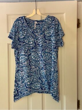 Lulu-B Sea Turtle Heart Tunic Top Blue White Large Coastal Nautical Beachy